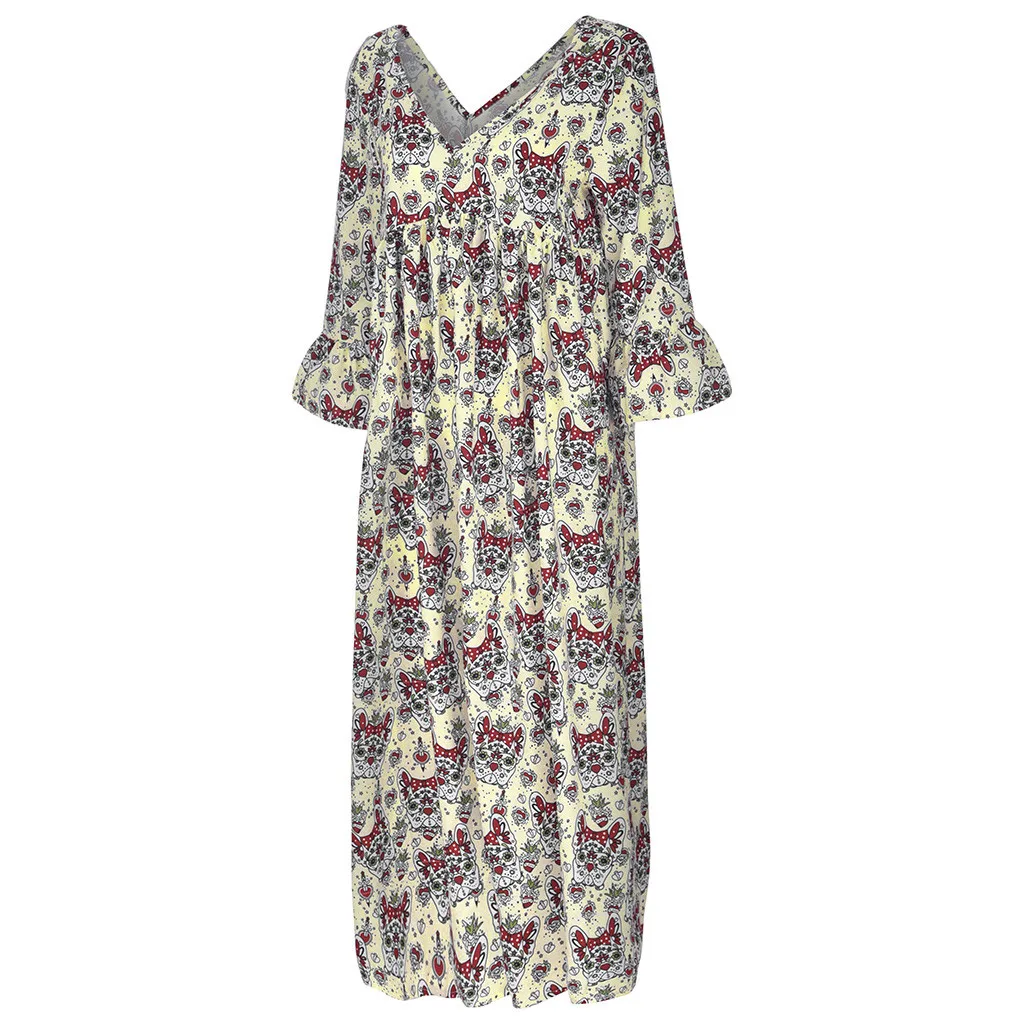 Женское платье с принтом в стиле бохо Осеннее Свободное v-образным вырезом