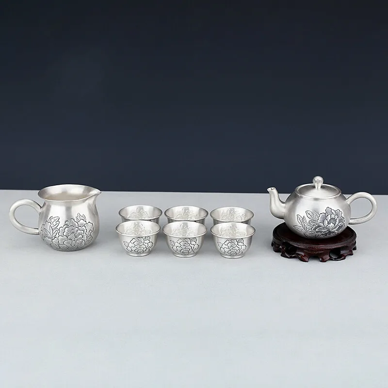 

999 Стерлинговый Серебряный набор для чаепития полный набор высеченный вручную пион чайник серебристого цвета, серебро, чашки для чая, high-end с...