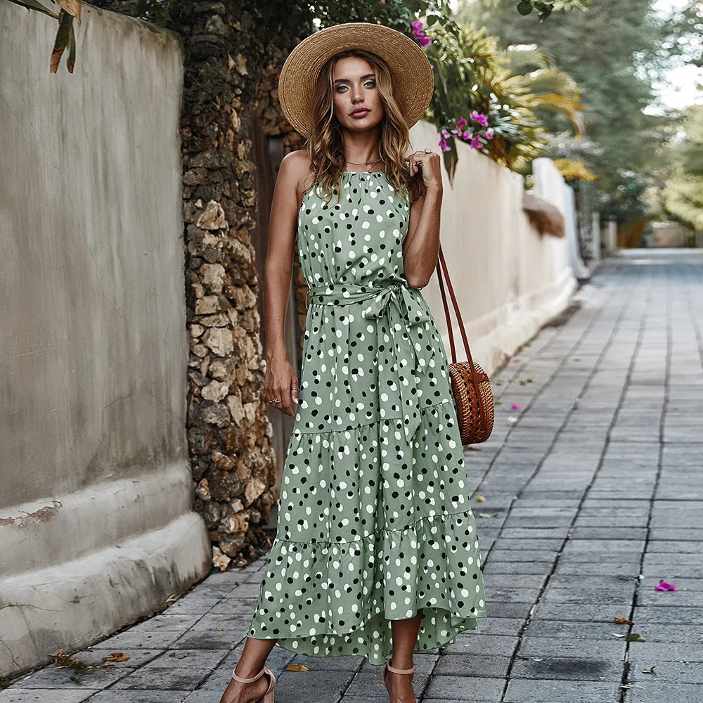 

2021 summer polka dot holiday style big swing dress maxi dresses for women vestidos white dress summer dress