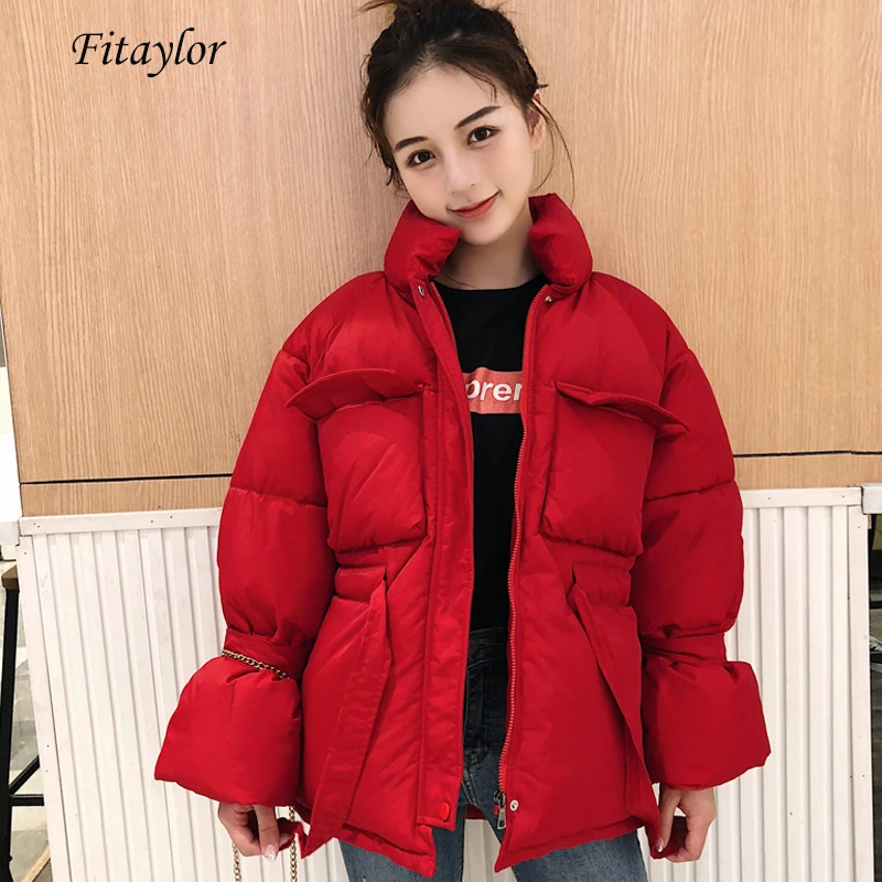 Fitaylor/зимние хлопковые куртки с воротником-стойкой короткий дизайн Милая Красная