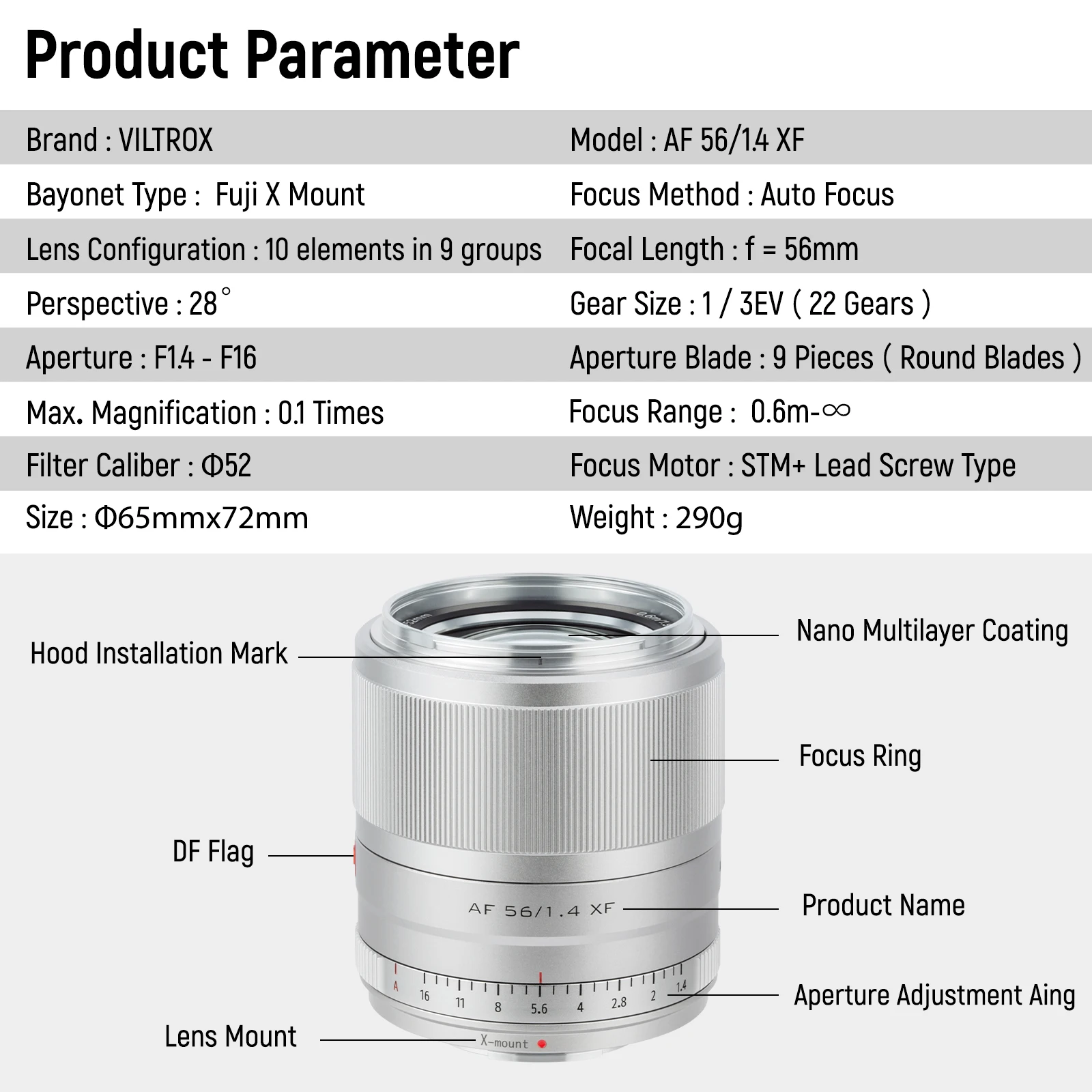 VILTROX 56 мм F1.4 f/1 4 XF Автофокус фотообъектив для Fuji Fujifilm ОБЪЕКТИВ X-Mount (серебристый)