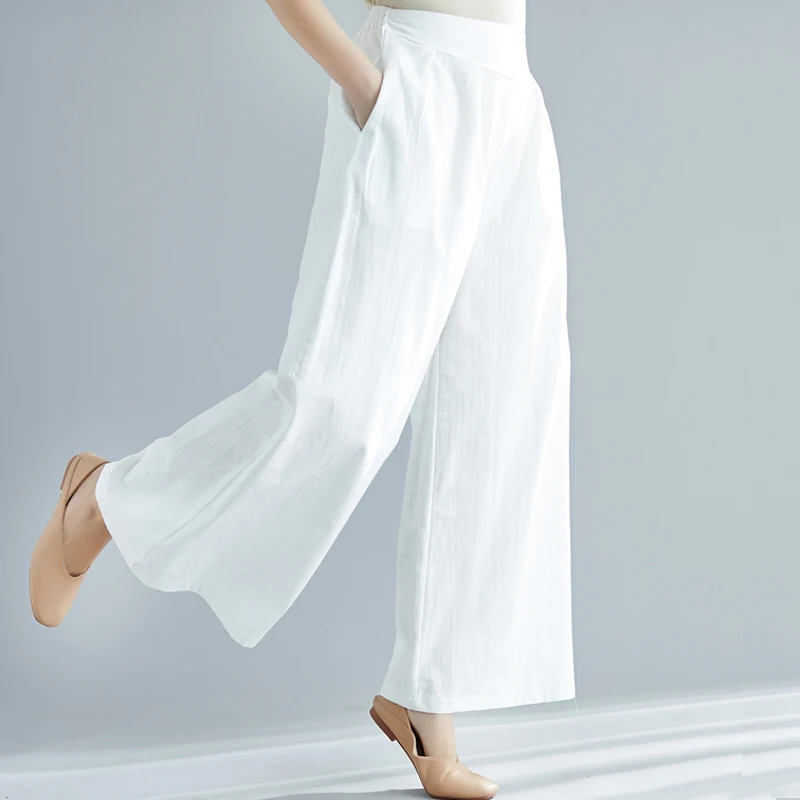 Брюки женские хлопково льняные с завышенной талией Свободные повседневные