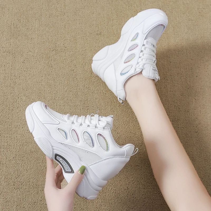 

Breathable Shoes All-Match 2021 Fashion Women's Casual Female Sneakers Clogs Platform Increas Height Round Toe Tennis Modis Cros
