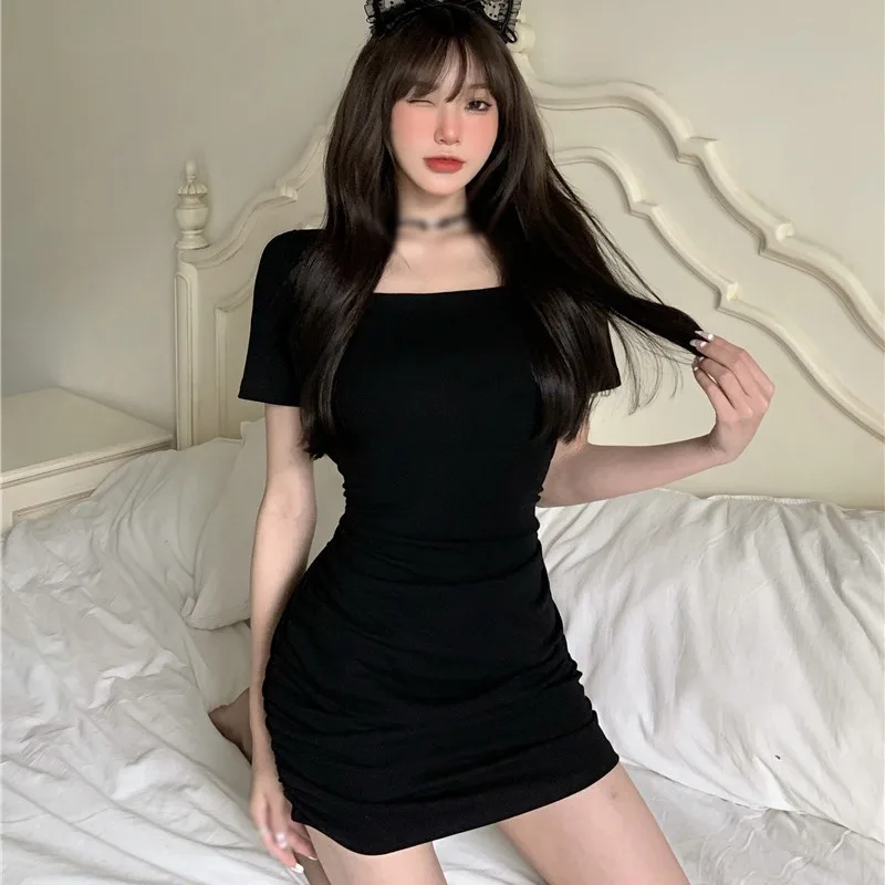 

Women's Fashion Short Sleeves Dresses Summer Square Collar Slim Sexy Backless Solid Dress