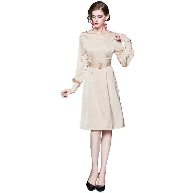 

2020 Spring Elegant Dress Female Waist Slim Knee-Length Dress Elegant Cute O -Neck Long Sleeves Dress Plus Size Blue Vestidos