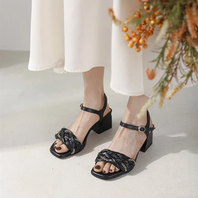 

Drestrive Women Sandals Square Toe Full Genuine Leather Buckle 2021 Summer Thick High Heel Shoes Size 41 Beige Chain Pu Leather