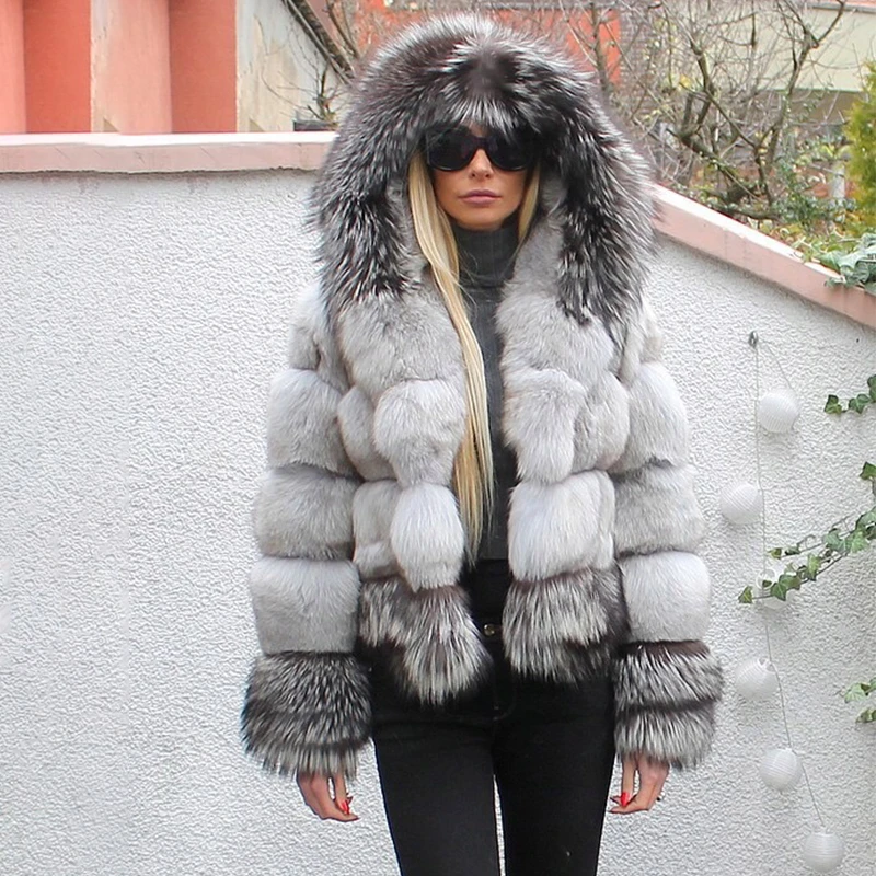 Women Winter Fashion Real Fox Fur Coat With Hood Stitching Natural Sliver Fox Fur Jackets Thick Warm Natural Fur Coats Female