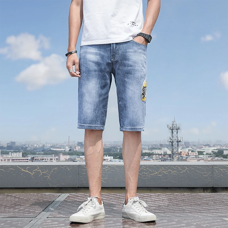 Летние Новые мужские Стрейчевые короткие джинсы модные повседневные облегающие