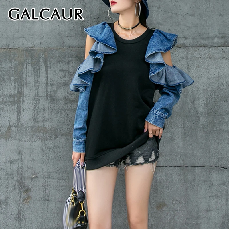 

GALCAUR Patchwork Denim Ruffle Dresses For Female O Neck Long Sleeve High Waists Slimming Hit Color Women's Dress Fashion Tide