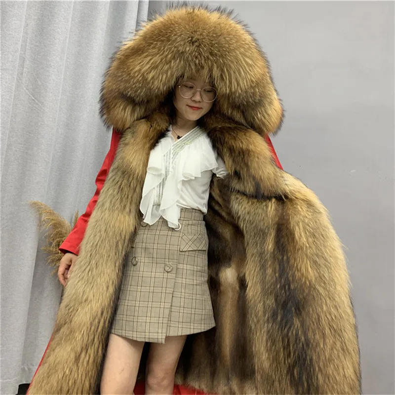 2021 New Winter Women's Leather Coat Long Raccoon Fur Fur Lining Hooded Parka Big Raccoon Fur Collar Warm Fur Coat Jacket