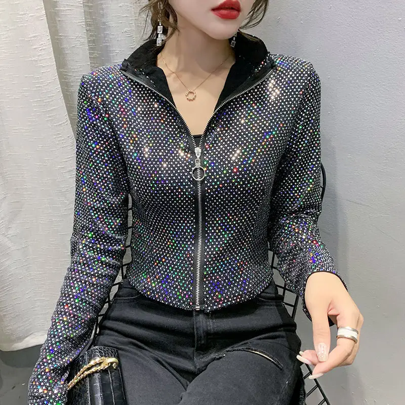

2021 Autumn Jacket Women New Glitter Sequined Short Jacket Female Fashion Long Sleeve Design Sense Sexy Bottoming Shirt