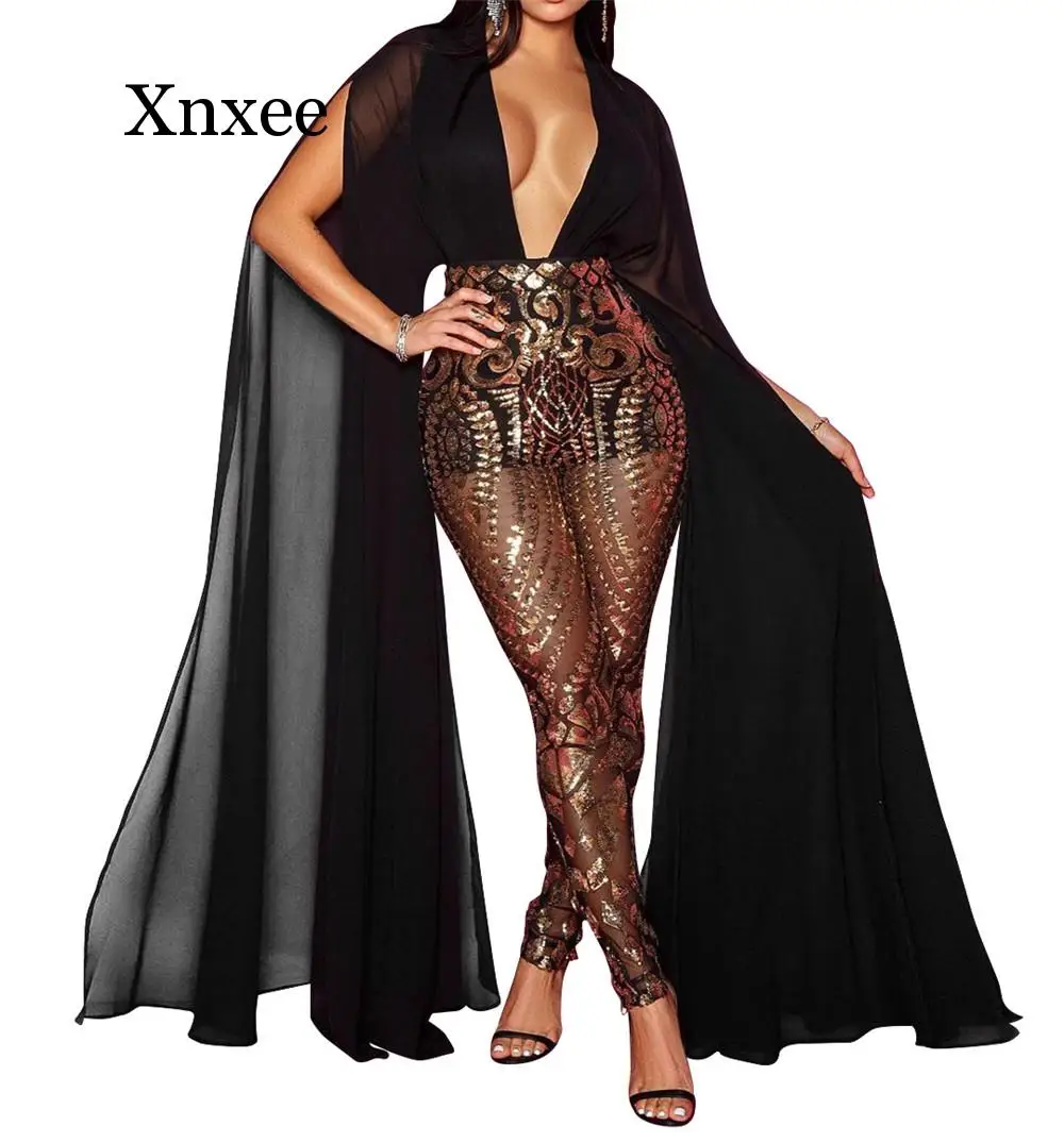 

Elegant Celebrity Evening Sequin Jumpsuit Women Deep V-Neck Patchwork Long Sleeve Mesh Sheer Romper Club Sparkly Female Overalls