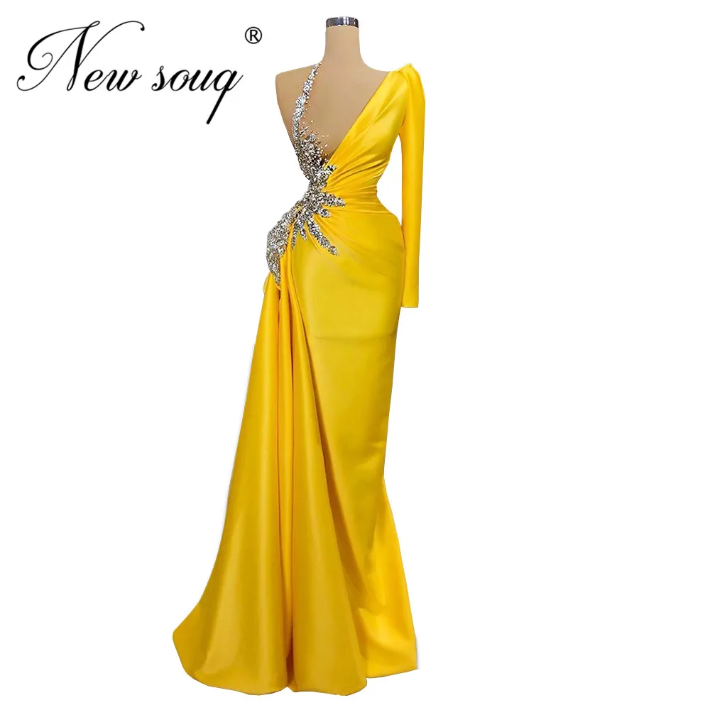 

Yellow Beaded Formal Dress Evening Gown 2020 Islamic Turkish Mermaid Party Dresses Muslim Prom Gowns Saudi Arabia Long Custom