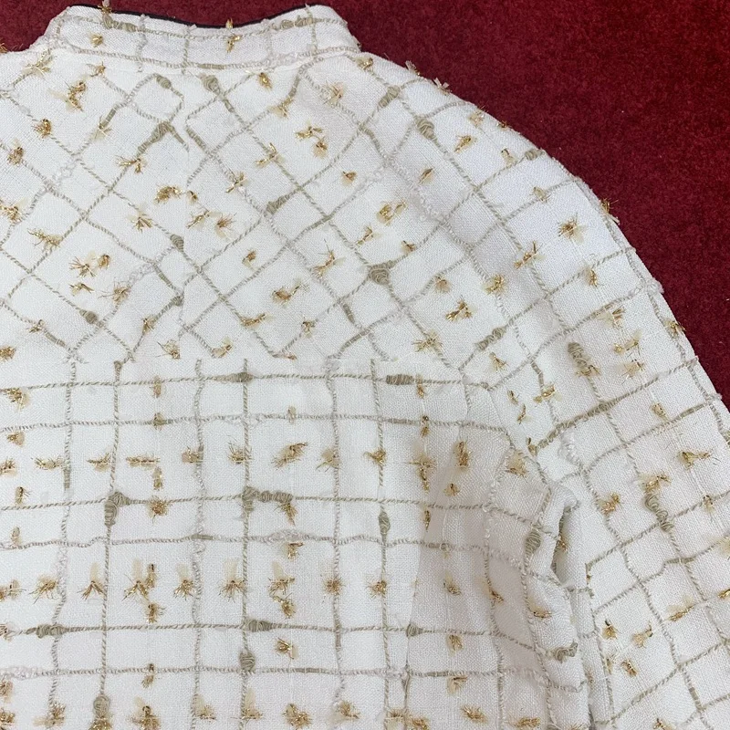 Золотая нить тканая 2020 твидовый воротник стойка бант тонкая куртка элегантная