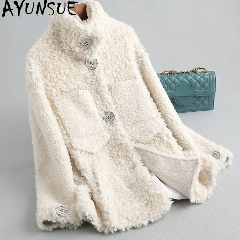 AYUNSUE Winter 100% Real Sheep Shearling Coat Female 2021 Casual Korean Wool Jackets Women's Fur Coats Casaco Feminino Gxy473