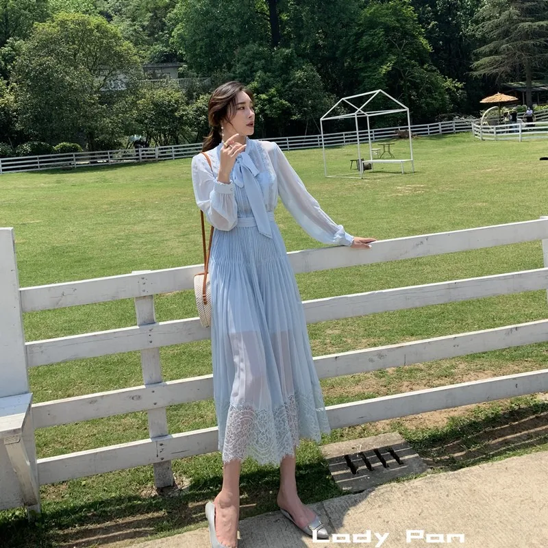 

French elegant 2021 spring new women's dress lace embroidery lace hundred fold Lace Chiffon medium length dress