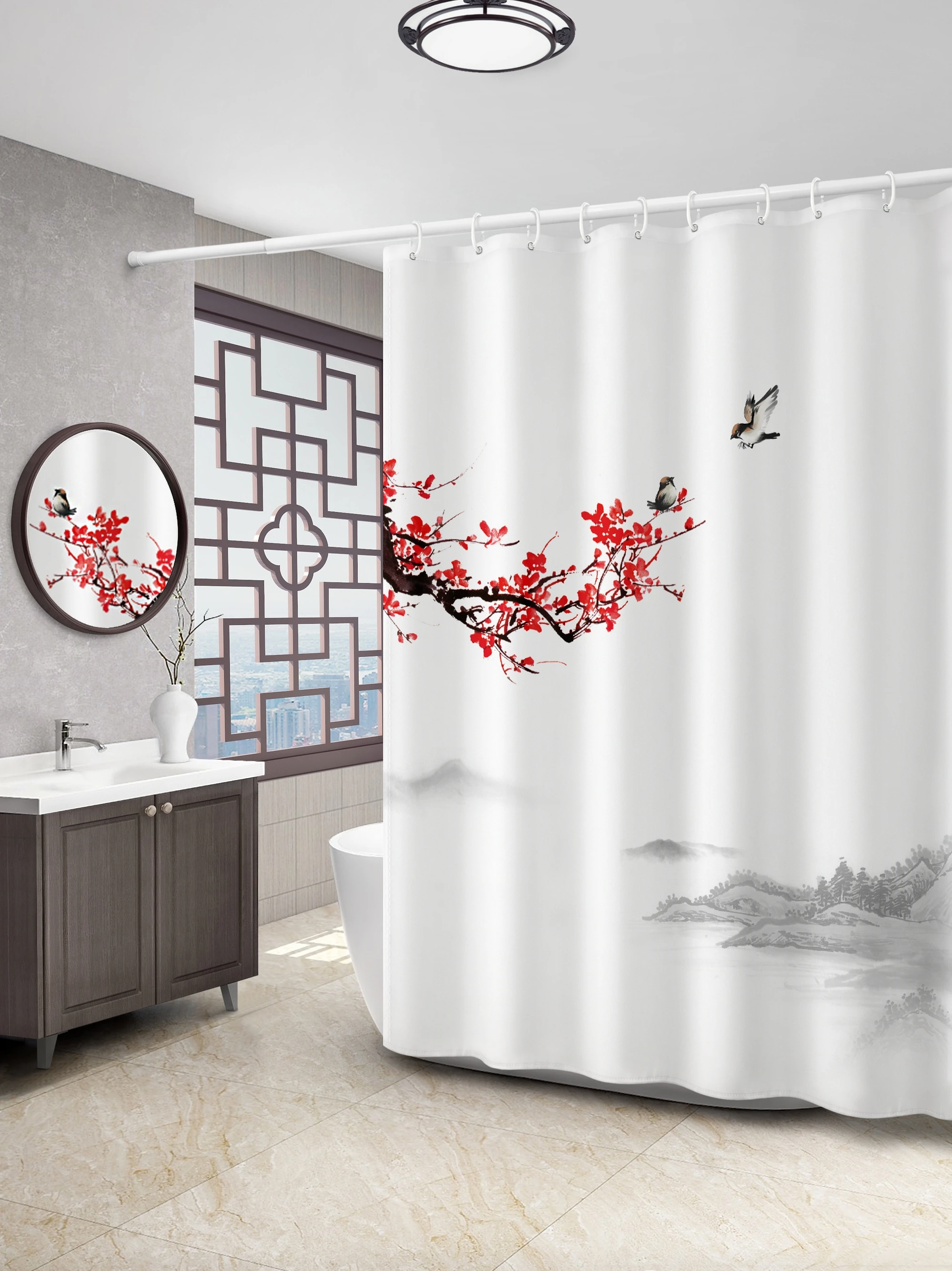 

Chinese Plum Blossom Landscape Shower Curtain Thickened Waterproof Mildewproof Punch-free Bathroom Partition Curtain