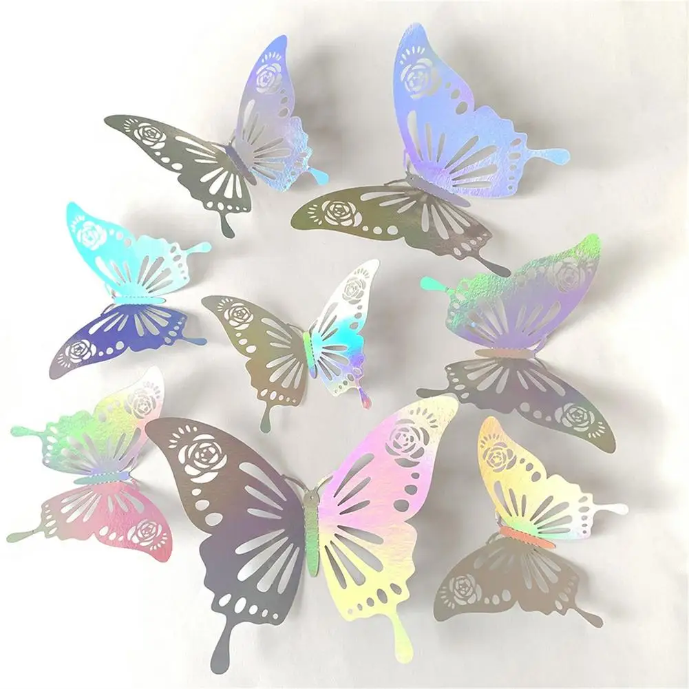 

12 Pcs Indoor Hollow Butterfly Sticker 3D Colorful Silver Butterfly Wall Hanging Decor DIY Art Home Wall Decals Wedding Decor