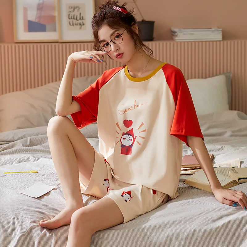 

2020 Summer Thin Section 100% Cotton Round Neck Loose PJS Women Short Sleeve Shorts Pyjama Set Homewear Clothing Pijama Mujer