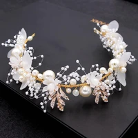 bride and bridesmaid new pearl beautiful flower hair ribbon hand woven gold leaf childrens headdress