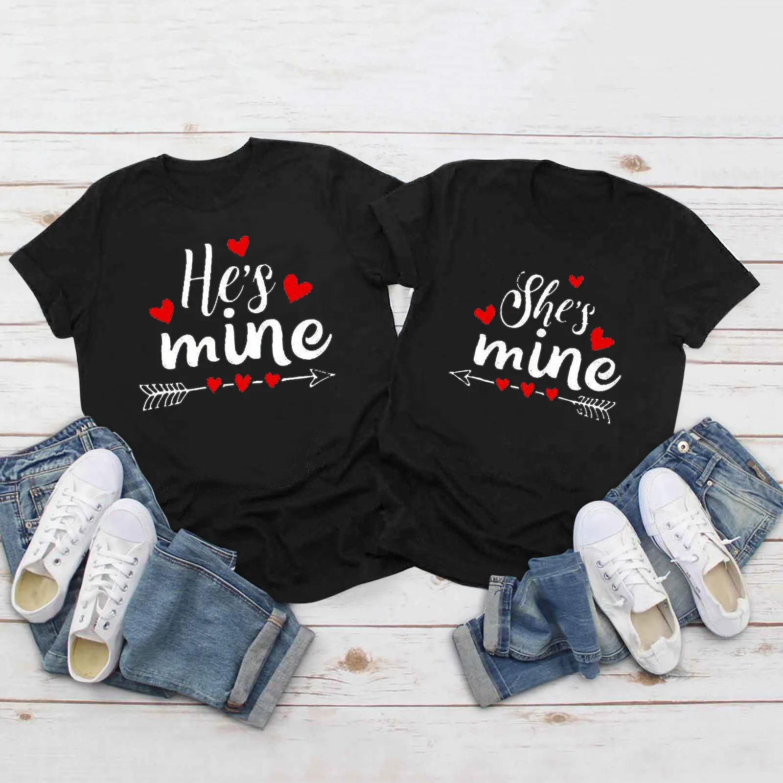 

Couple T-shirts Women Casual Valentine's Day Him Her Letter Printing Tees Shirts Round Neck Short Sleeve Top Tunic Love Graphic