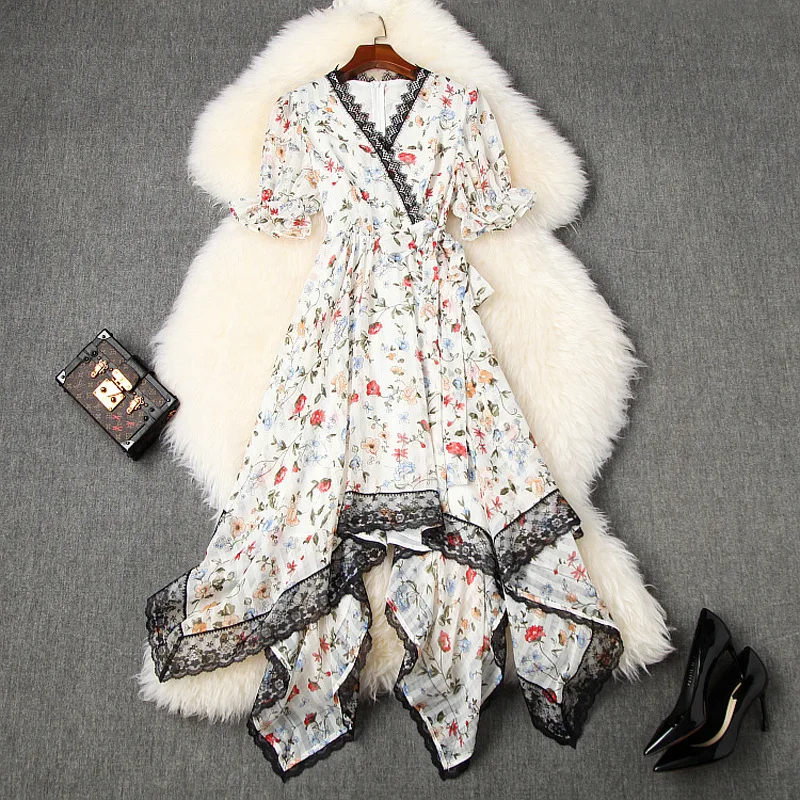 

New Fashion Summer Dresses for Women 2020 Elegant Female V Neck Short Sleeve Lace Patchwork Print Midi Irregular Chiffon Dress