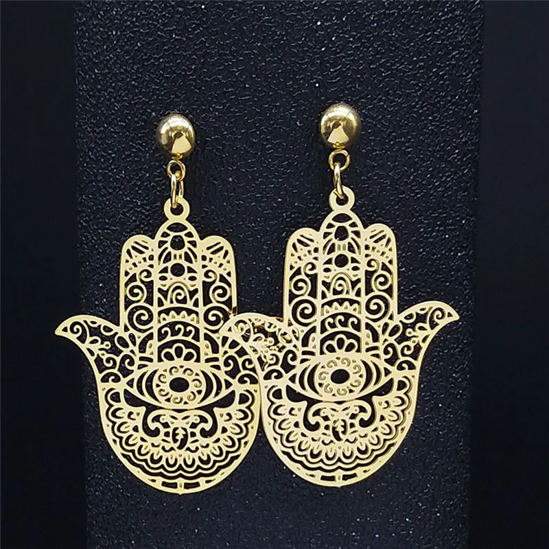 

Bohemia Stainless Steel Big Earrings Women Gold Color Fatima Hamsa Hand Stud Earrings Boho Jewelry pendientes dorados E9329S04
