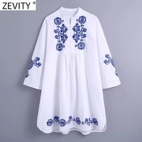 zevity women vintage stand collar totem floral embroidery white mini dress female chicthree quarter sleeve kimono vestido ds8693