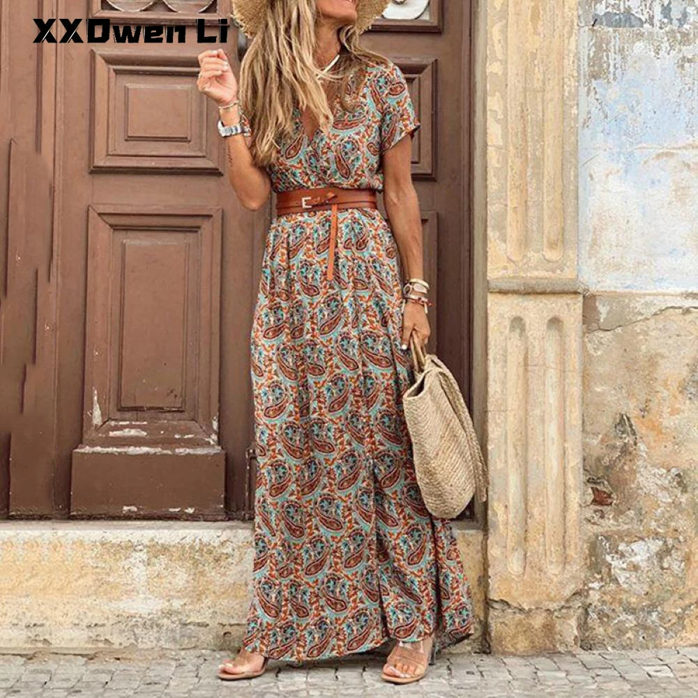 

Summer Fashion Print Boho maxi Dress for Women Casual V Neck Short Sleeve Retro Belt Beach Long Dresses Sundress Robe Femme
