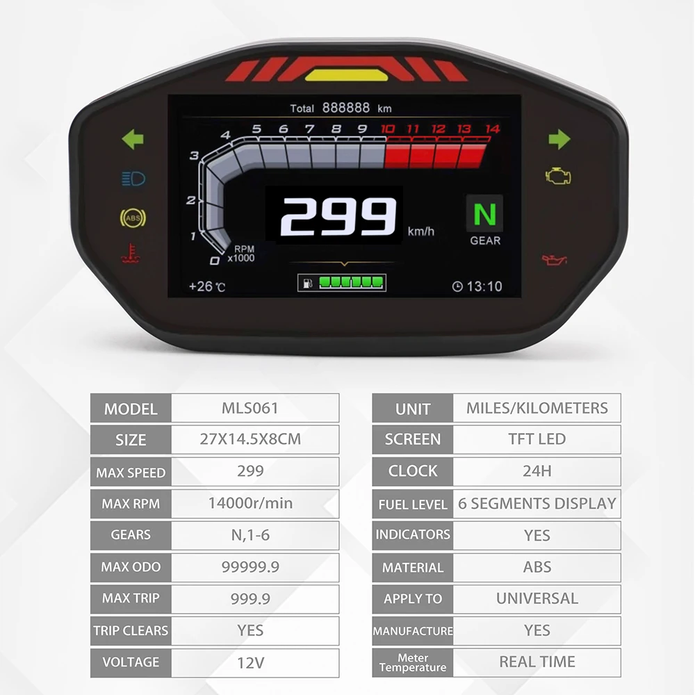 

Motorcycle Waterproof 12V ABS TFT LED Display Odometer Temperature Oil Meter Motobike Modification Instrument 1 2 4-Cylinder