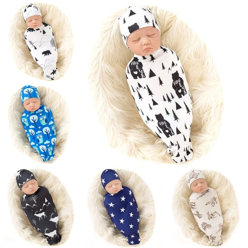 

2 Pcs Newborn Baby Printing Receiving Blanket Hat Set Infants Swaddle Wrap Sleeping Bag Hair Band Kit