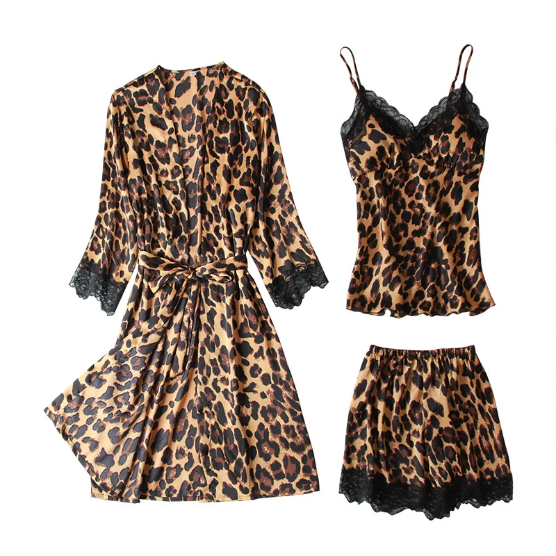 

Women Nightwear Satin Leopard Sleepwear Nightgown Bathrobe 3PCS Suit Soft Casual Lounge Sexy Elegant Intimate Pajamas Set