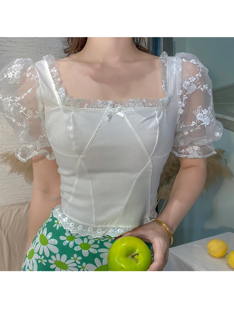 Женская короткая блузка с вышивкой, белая облегающая блузка с квадратным вырезом и рукавами-фонариками, Винтажный кружевной топ, 2020 от AliExpress RU&CIS NEW