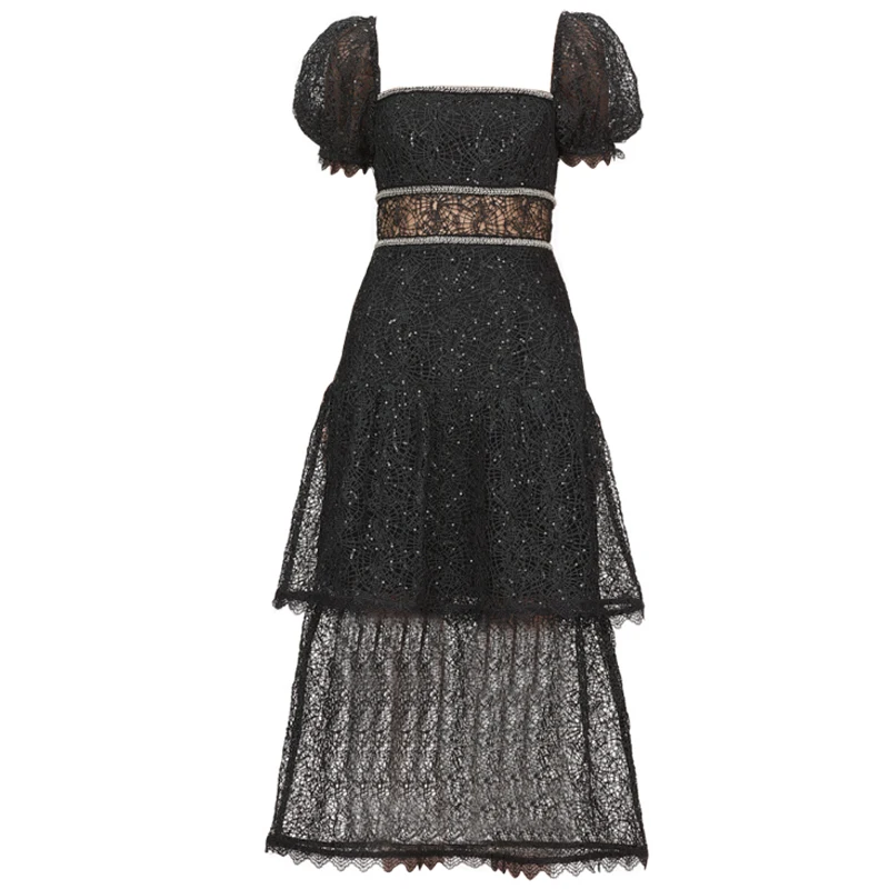

High Quality Runway Designer Dress Women New Autumn Luxury Vintage Puff Sleeve Beading Midi Black Lace Party Dress 2019