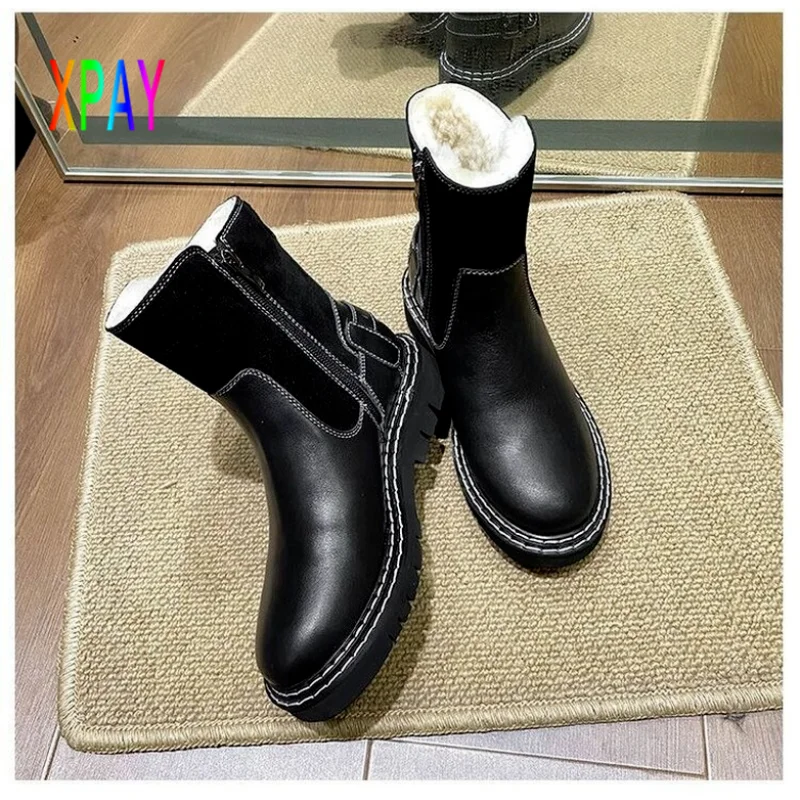 

Women's Winter Boots Wool Cotton Boots 2021 Winter Chelsea Boots Fashion Thick-soled Wool Fleece Black Round Head Botas De Mujer