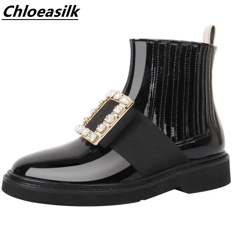 

Autumn Winter Style Rhinestone Square Buckle Martin Boots Trendy Leather Round Toe Women Chelsea Boots Large Size Winter Shoes