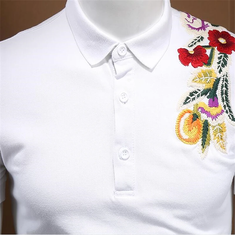 

New men's short exquisite flower embroidery fashion lapel half sleeve polo shirt