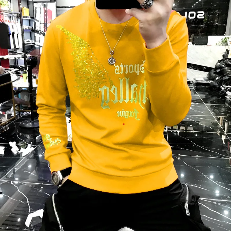 

2021 Men's Fashion New Wing Hot Rhinestone Print Round Neck Pullover Hoodie Trendy Slim Long Sleeve Top
