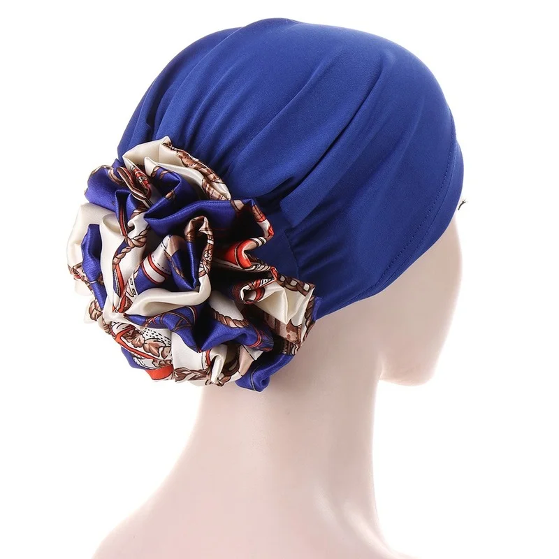

Stretchy Satin Flower Turban Bonnet For Women Muslim Under Hijab Caps Solid Color Islamic Inner Hijabs Headwrap Chemo Cap