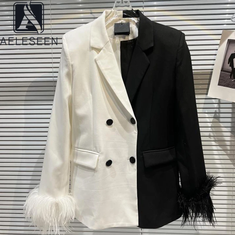 

AELESEEN Fashion Runway 2022 Spring Suit Coat Women White Black Patchwork Double Breasted Feathers Design High Street Coat