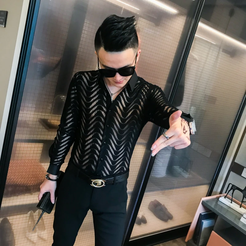 Transparent Shirt Summer Short Sleeve Shirt Camisa Hombre Stitching Stripe Shirt See Through Shirt Men Chemise Homme Marque Luxe