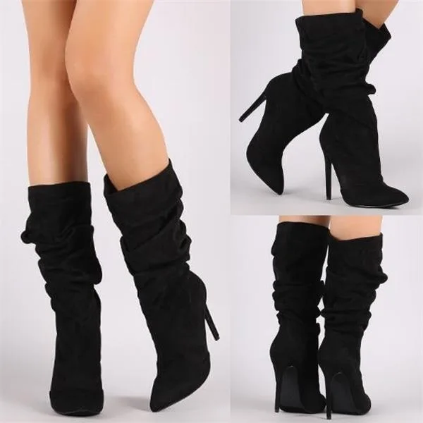 

Women Pleated Mid Calf Boots Woman 2020 Thin High Heels Women's Pointed Toe Sexy Pumps Ladies Party Shoe Female Winter Plus Size