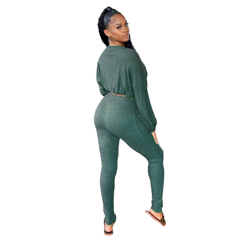 

Activewear Tracksuit Women Solid Color Lantern Sleeve Crop Tops+skinny Legging Lounge Wear Matching Sets 2021 Casual Club Outfit