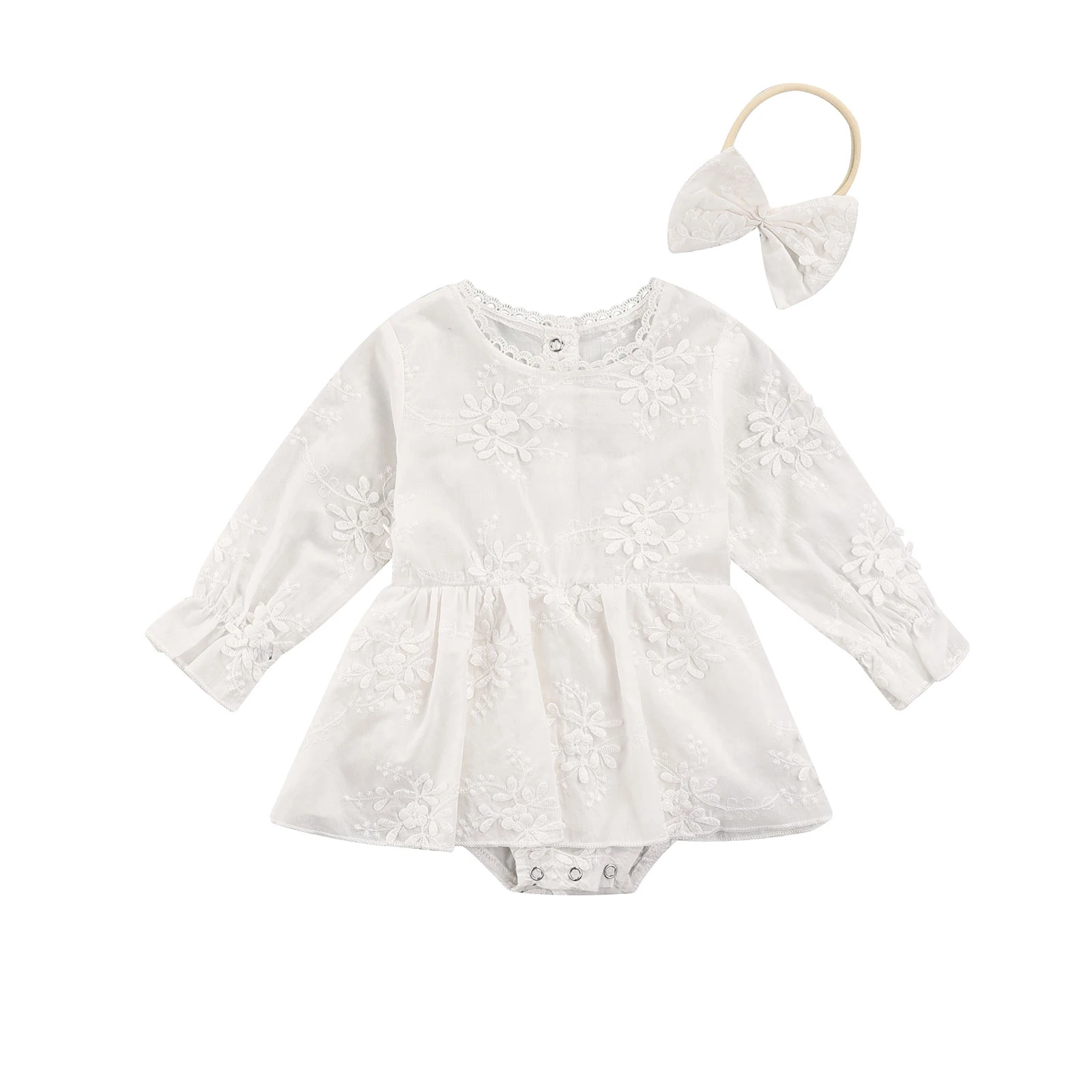 

Одежда для новорожденных девочек 2 шт. наряды с длинным рукавом с цветочной вышивкой комбинезон платье-пачка с повязкой на голову комплект детской одежды
