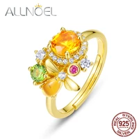 allnoel rings original 925 sterling silver woman golden ring synthetic citrine nano colorful zircon light luxury fine jewelry