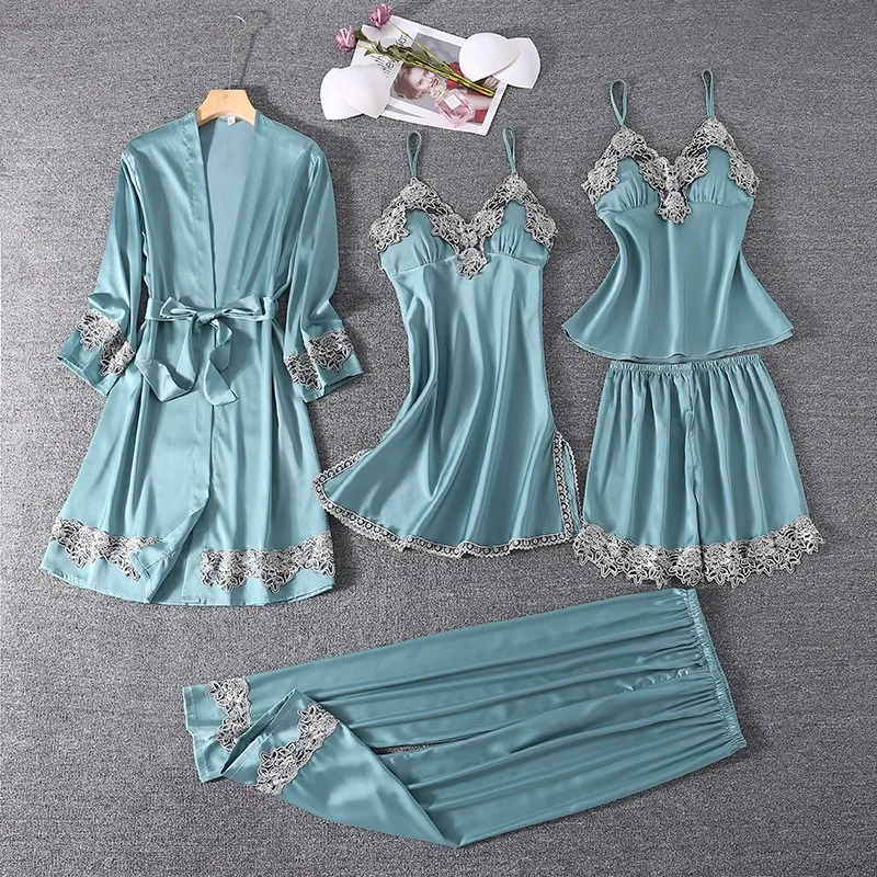 

Lady Casual Satin Pajamas Suit With Lace Women 5PCS Sleepwear Summer New Sleep Set Lounge Female Kimono Bath Gown Home Clothing