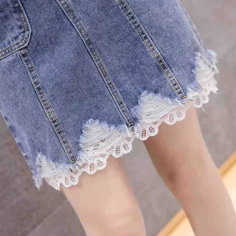 

QRWR 2020 Spring Autumn Women Skirts Fashion New Patchwork Lace A Line Mini Skirt Casual High Waist Short Denim Skirt