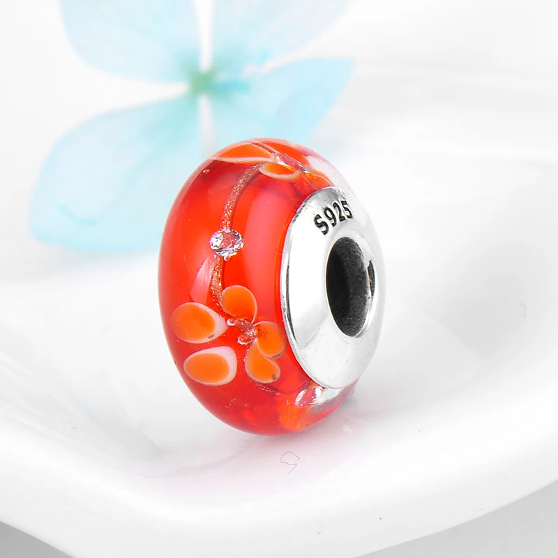 Женские браслеты-шармы оранжевые красные муранские с кристаллами в форме цветка