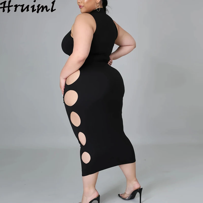 

Plus Size Dress Women Sleeveless Hem Hole Sexy Elegant Dress Robe Solid Color Hollow Out Fashion Party Clubwear Summer Dresses