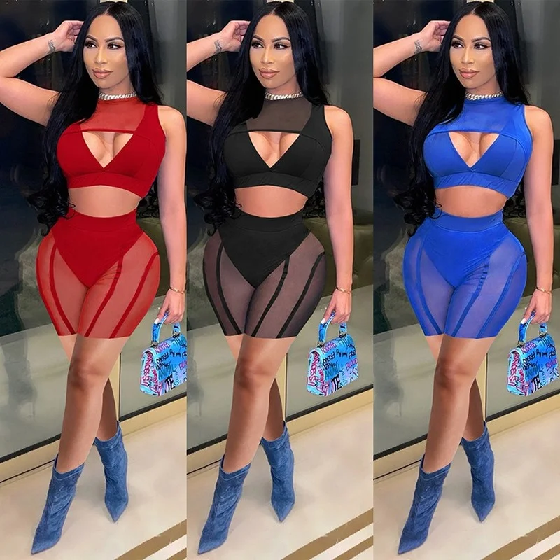 

Solid Color Sheer Mesh Tracksuit Women Sexy Cut Out Crop Top And Shorts Night Club Party 2 Piece Set Plus Size S-XXL